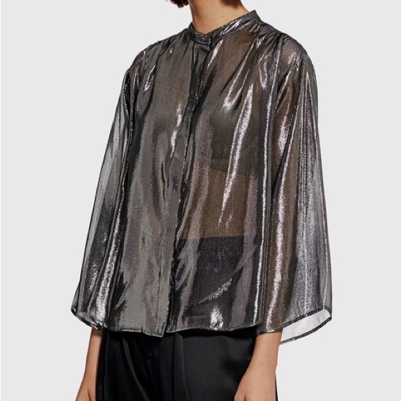 Nili Lotan Tops - NWT - NILI LOTAN Sz Medium- Marlaina Silver Metallic Sheer Button Up Blouse